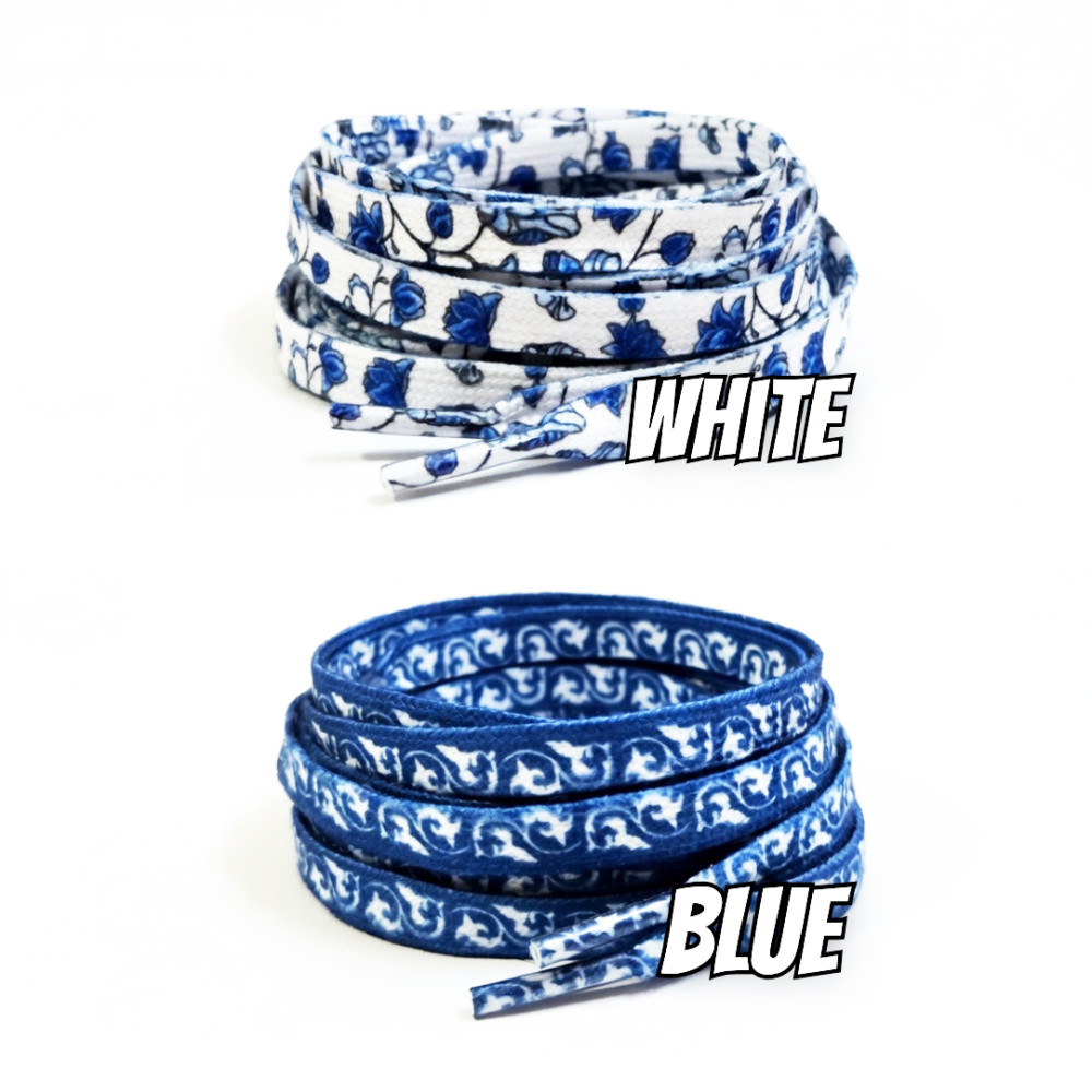 Blue and White Ware Pattern Flat Shoelaces - Blue and White Pottery -